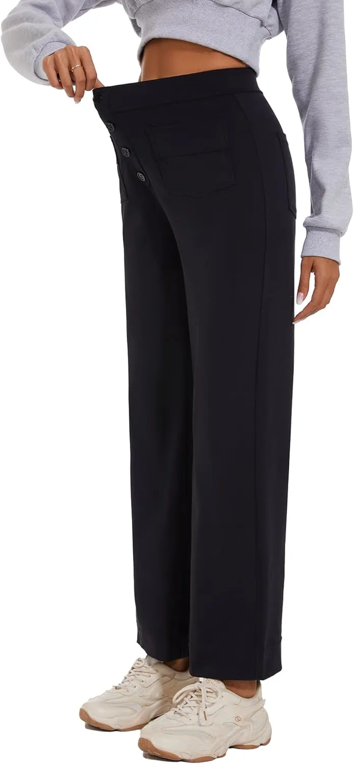 Women's Straight Leg Yoga Pants High Waisted Button Down Trousers Workout Pants with Pockets