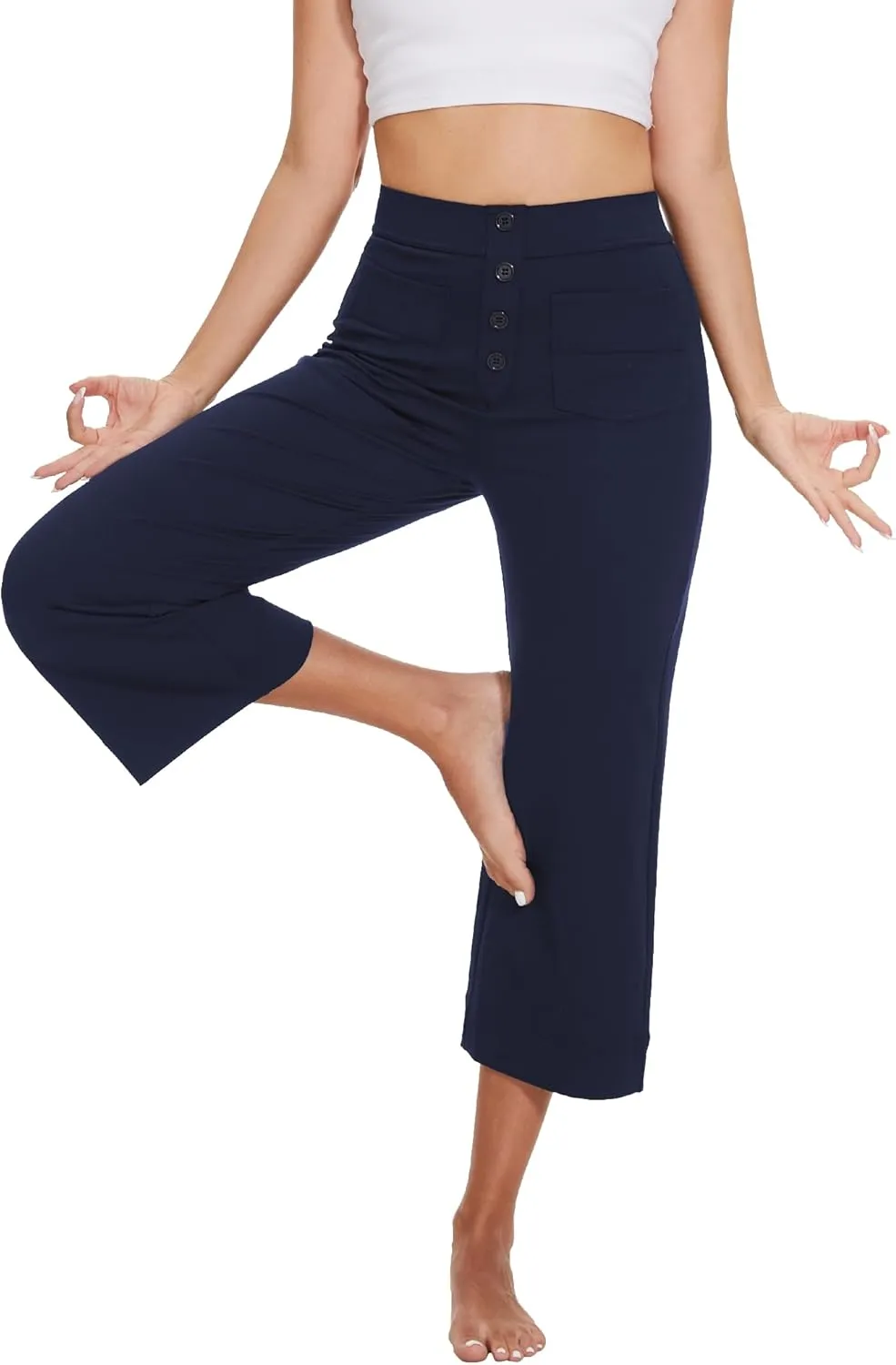 Women's Straight Leg Yoga Pants High Waisted Button Down Trousers Workout Pants with Pockets