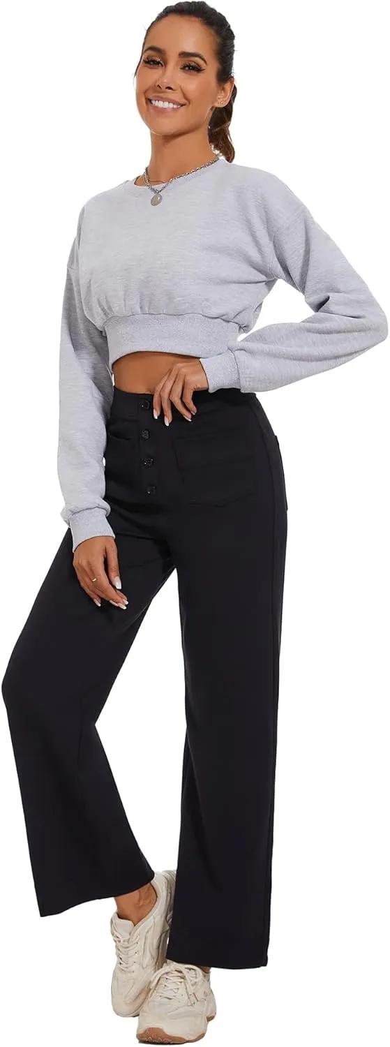 Women's Straight Leg Yoga Pants High Waisted Button Down Trousers Workout Pants with Pockets