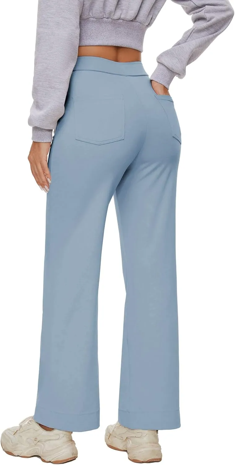 Women's Straight Leg Yoga Pants High Waisted Button Down Trousers Workout Pants with Pockets