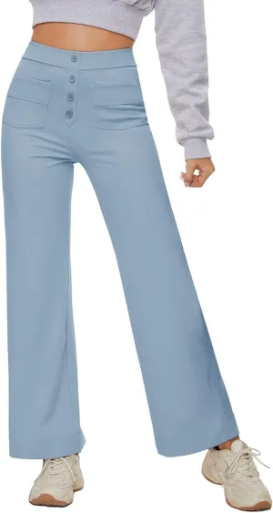 Women's Straight Leg Yoga Pants High Waisted Button Down Trousers Workout Pants with Pockets