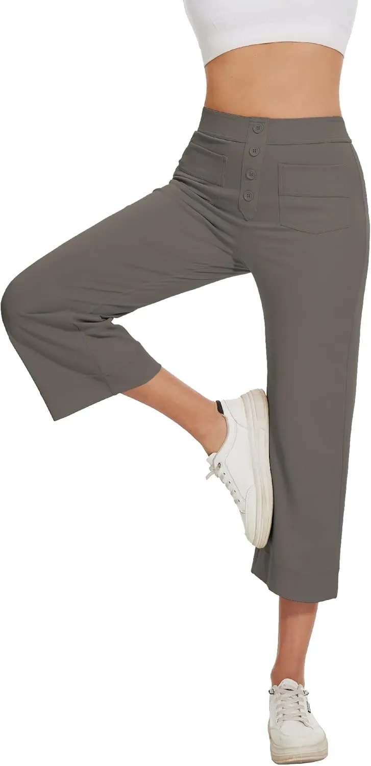Women's Straight Leg Yoga Pants High Waisted Button Down Trousers Workout Pants with Pockets
