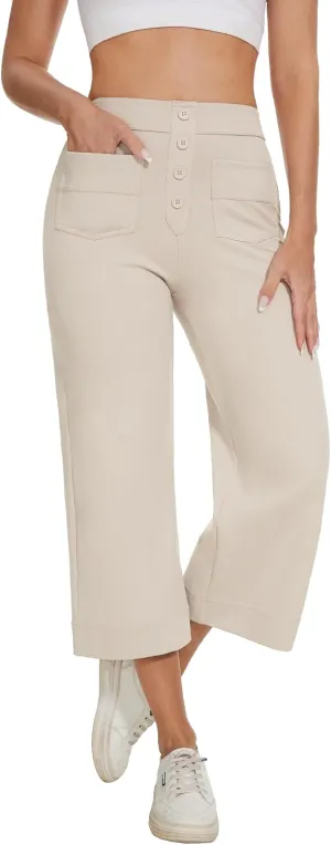 Women's Straight Leg Yoga Pants High Waisted Button Down Trousers Workout Pants with Pockets