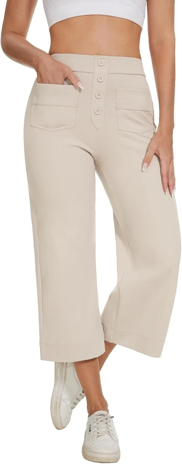 Women's Straight Leg Yoga Pants High Waisted Button Down Trousers Workout Pants with Pockets