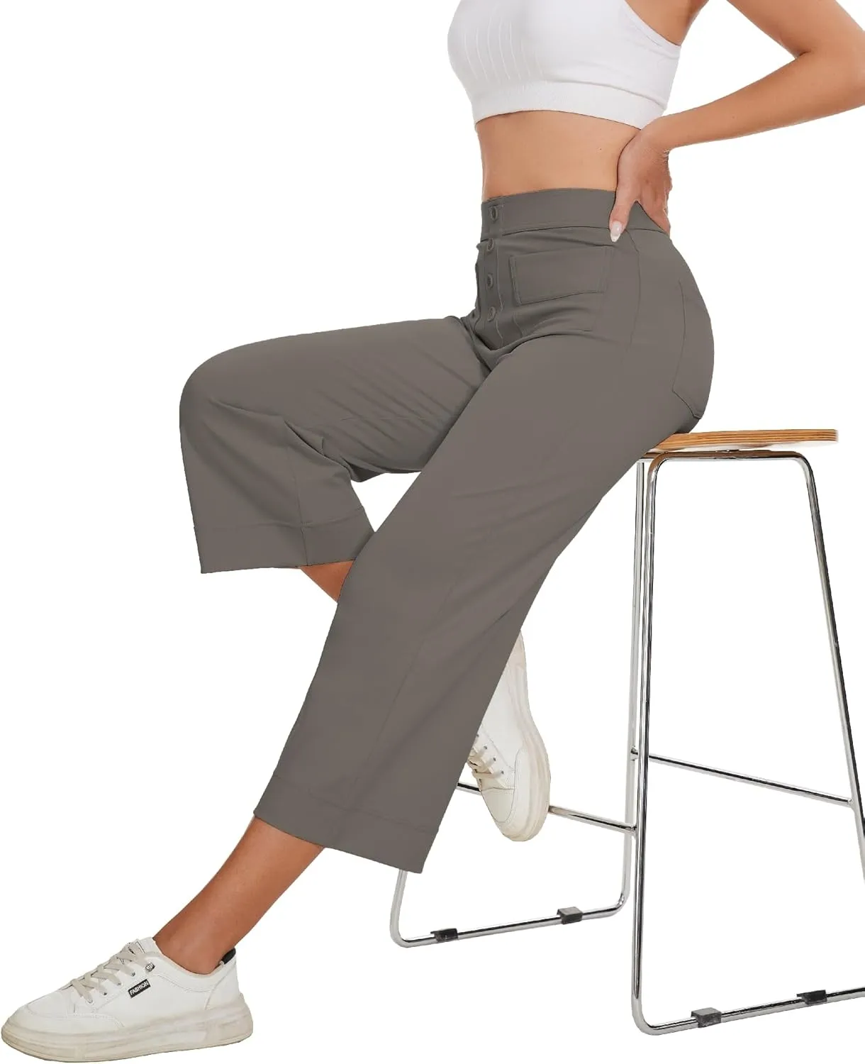 Women's Straight Leg Yoga Pants High Waisted Button Down Trousers Workout Pants with Pockets