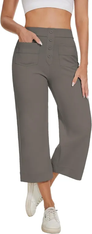 Women's Straight Leg Yoga Pants High Waisted Button Down Trousers Workout Pants with Pockets