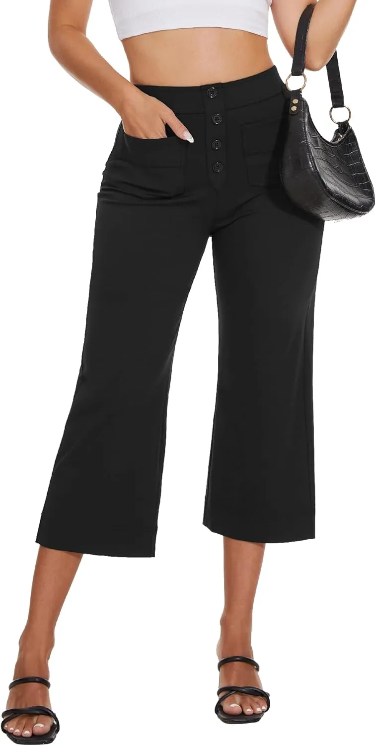 Women's Straight Leg Yoga Pants High Waisted Button Down Trousers Workout Pants with Pockets