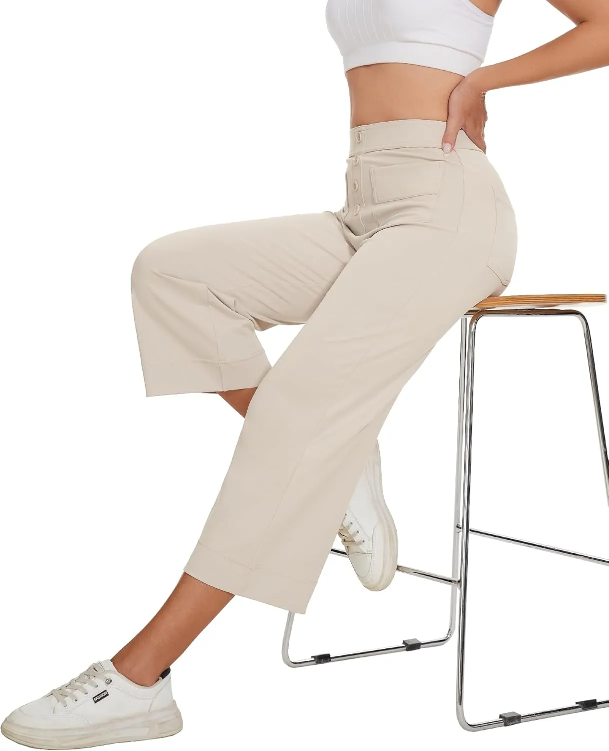 Women's Straight Leg Yoga Pants High Waisted Button Down Trousers Workout Pants with Pockets