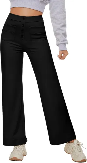 Women's Straight Leg Yoga Pants High Waisted Button Down Trousers Workout Pants with Pockets