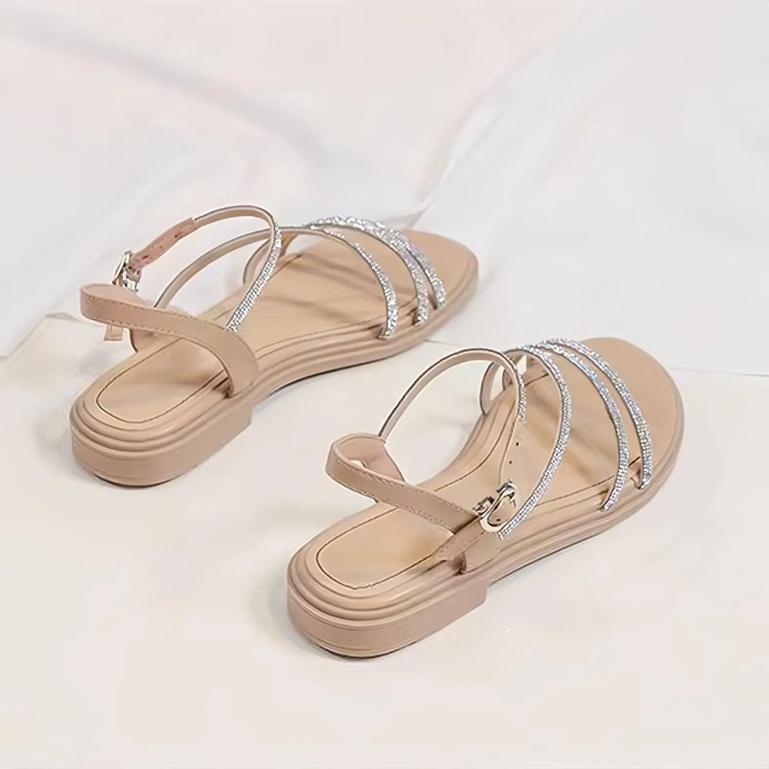 Women's Strappy Sandals Open Toe Adjustable Buckle Flat Sandals Summer Dressy Slip On Beach Slippers Wide Width Rhinestone Dress Shoes