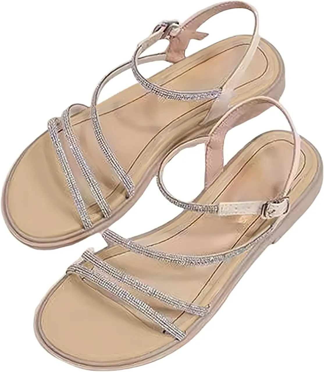 Women's Strappy Sandals Open Toe Adjustable Buckle Flat Sandals Summer Dressy Slip On Beach Slippers Wide Width Rhinestone Dress Shoes