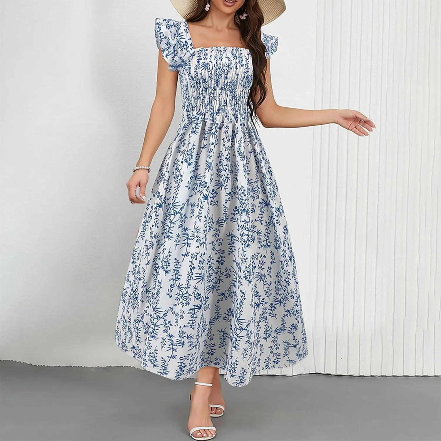Women's Summer Beach Boho Dress Ruffle Cap Sleeve Square Neck Sun Dress Casual Beach Floral Swing Mini Dress