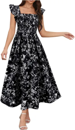 Women's Summer Beach Boho Dress Ruffle Cap Sleeve Square Neck Sun Dress Casual Beach Floral Swing Mini Dress