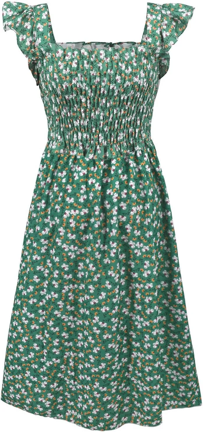 Women's Summer Beach Boho Dress Ruffle Cap Sleeve Square Neck Sun Dress Casual Beach Floral Swing Mini Dress