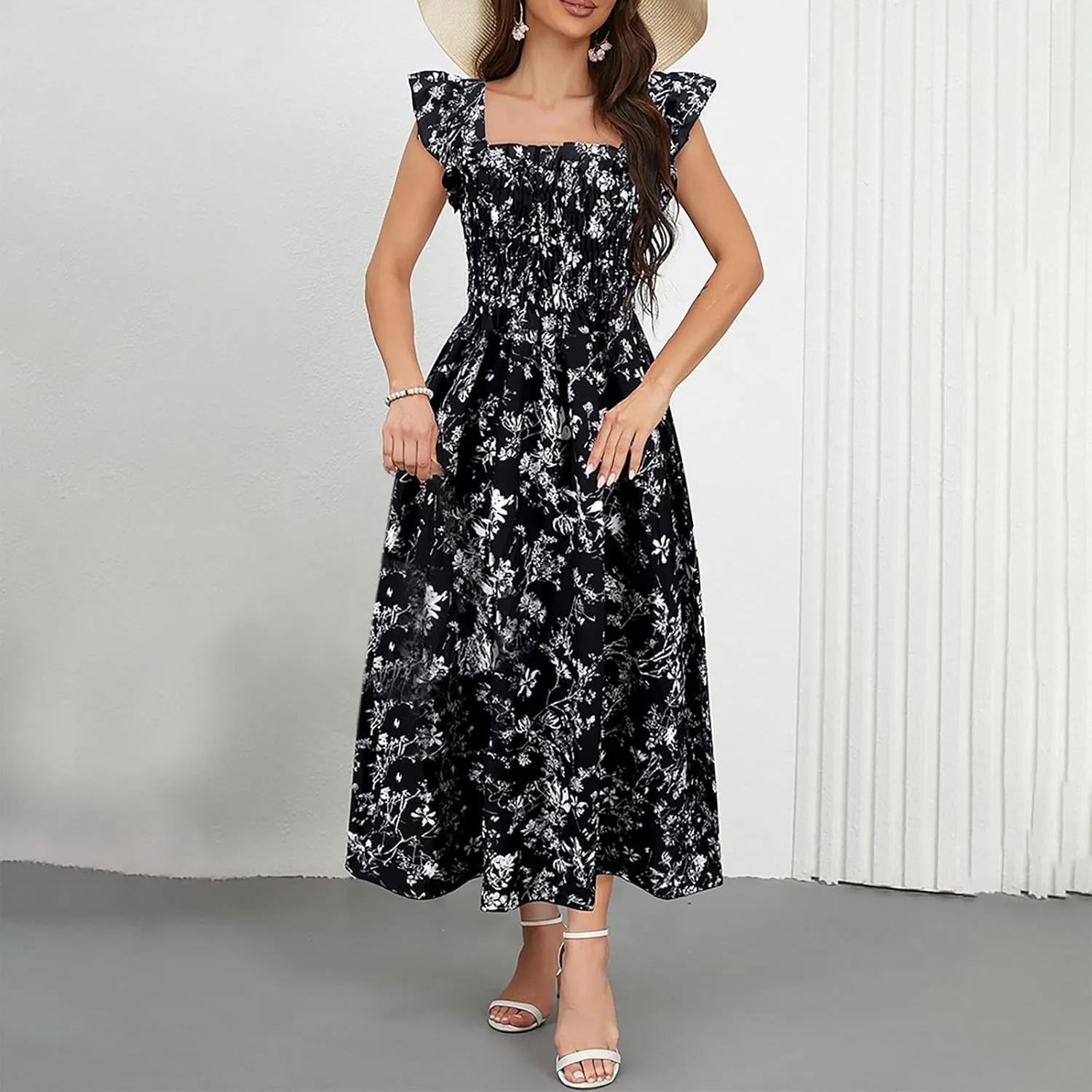 Women's Summer Beach Boho Dress Ruffle Cap Sleeve Square Neck Sun Dress Casual Beach Floral Swing Mini Dress