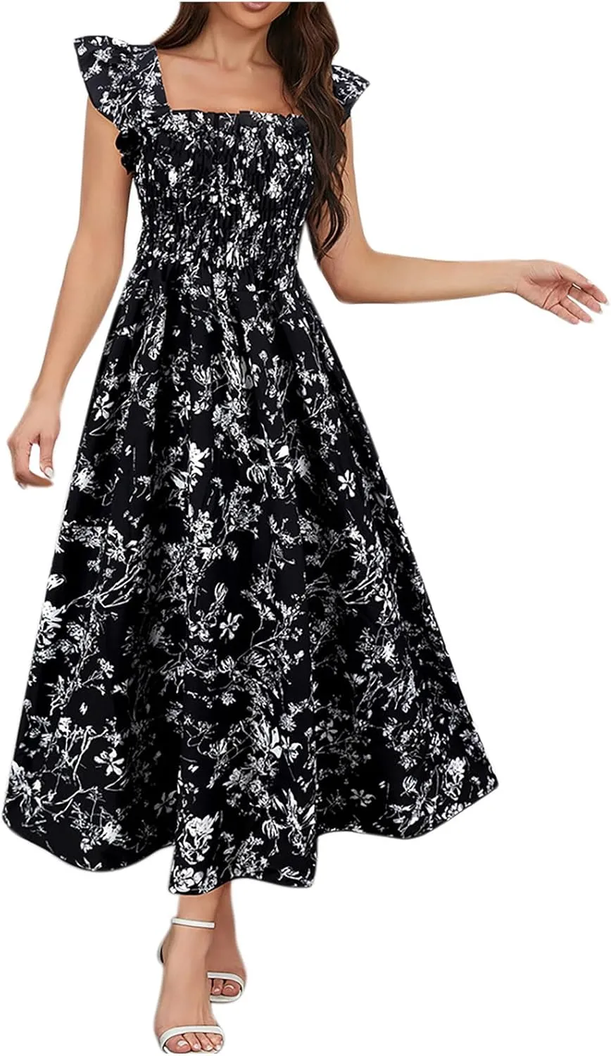 Women's Summer Beach Boho Dress Ruffle Cap Sleeve Square Neck Sun Dress Casual Beach Floral Swing Mini Dress