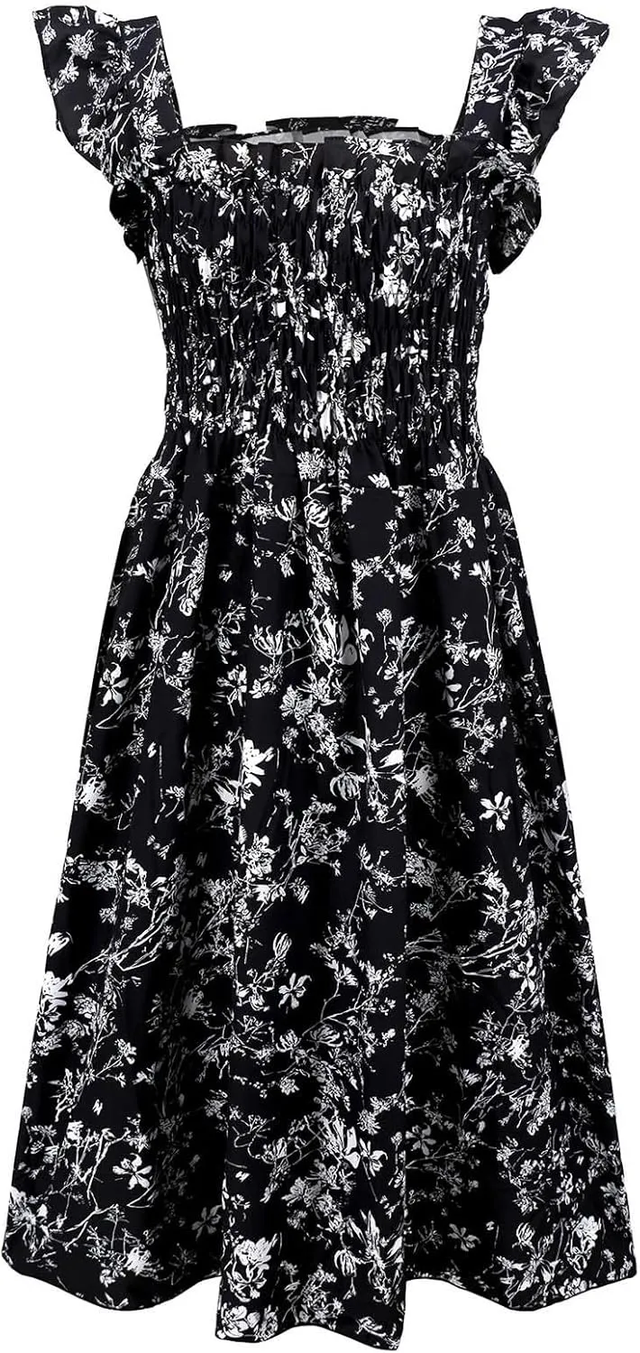 Women's Summer Beach Boho Dress Ruffle Cap Sleeve Square Neck Sun Dress Casual Beach Floral Swing Mini Dress