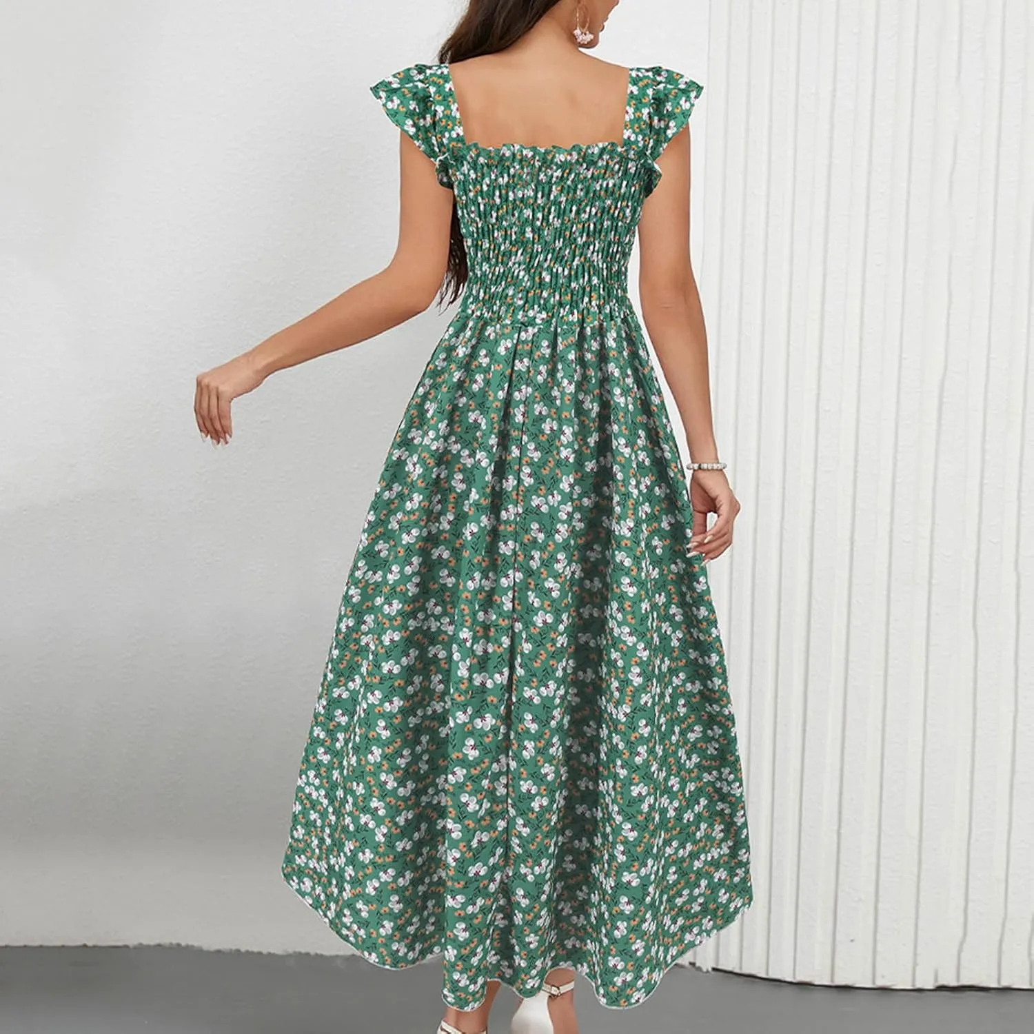 Women's Summer Beach Boho Dress Ruffle Cap Sleeve Square Neck Sun Dress Casual Beach Floral Swing Mini Dress