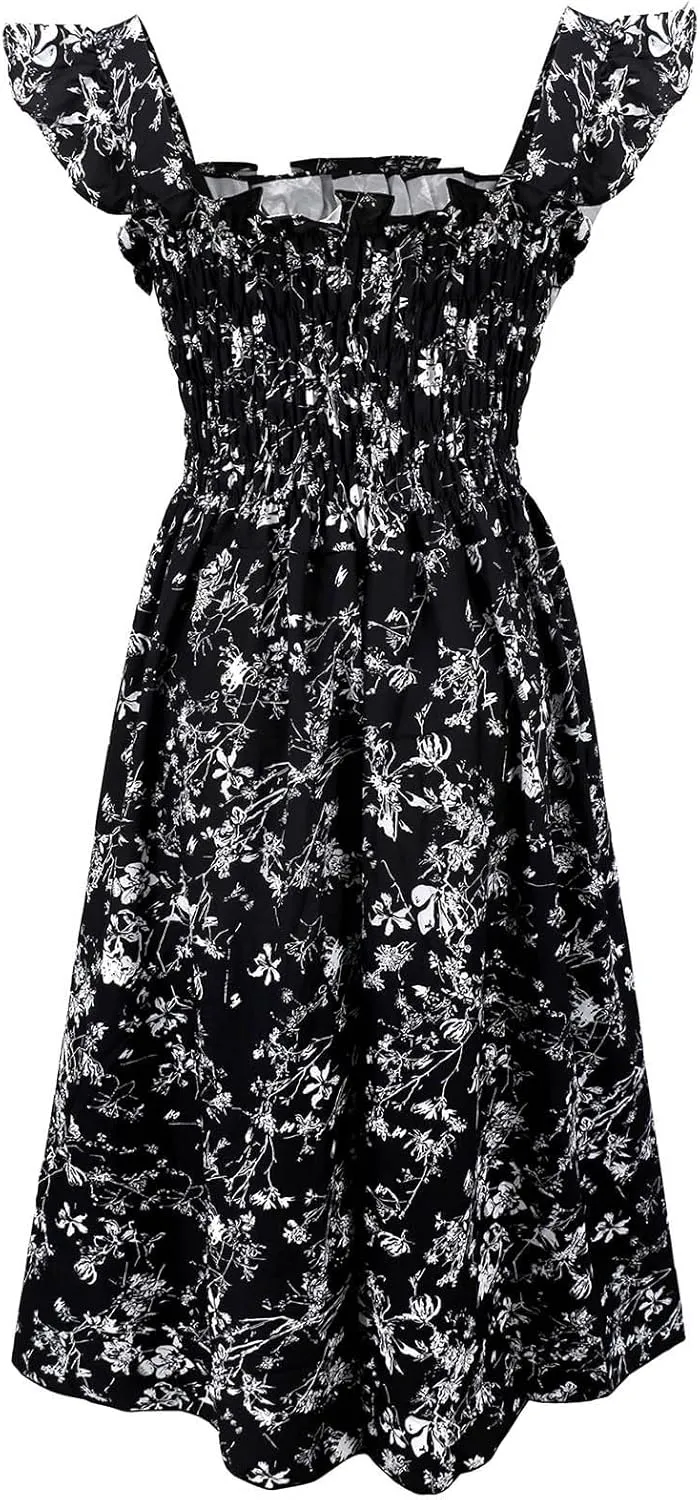 Women's Summer Beach Boho Dress Ruffle Cap Sleeve Square Neck Sun Dress Casual Beach Floral Swing Mini Dress