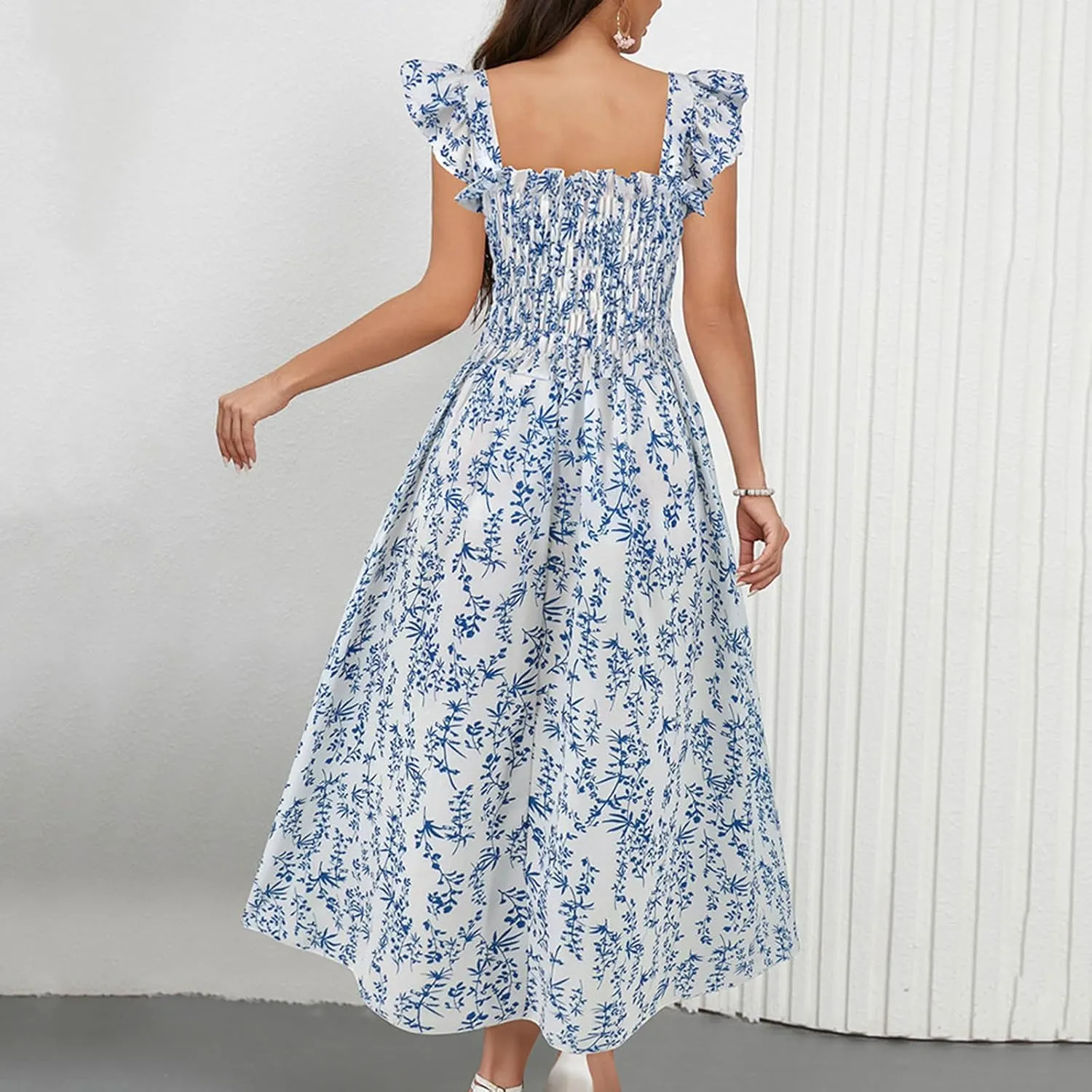 Women's Summer Beach Boho Dress Ruffle Cap Sleeve Square Neck Sun Dress Casual Beach Floral Swing Mini Dress