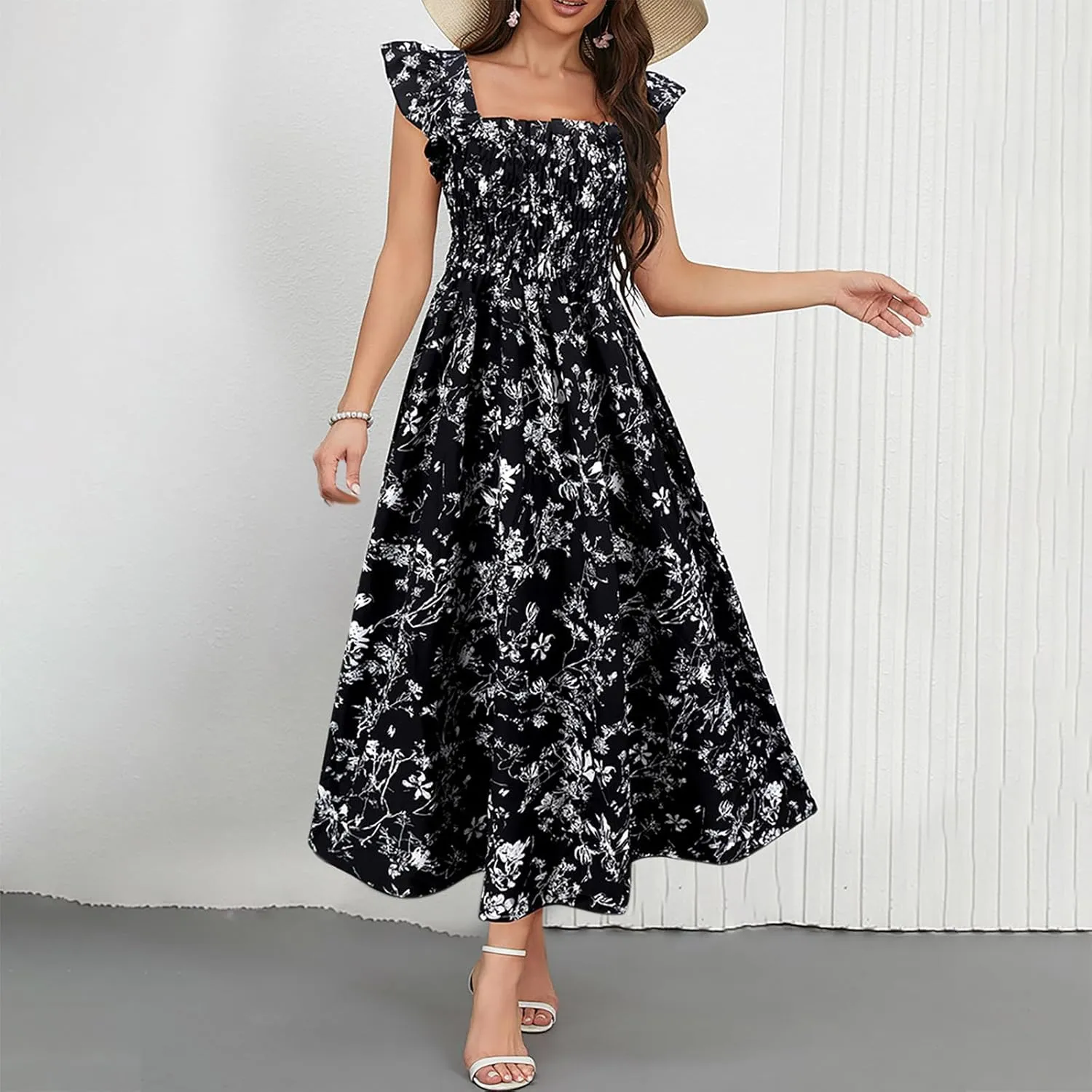 Women's Summer Beach Boho Dress Ruffle Cap Sleeve Square Neck Sun Dress Casual Beach Floral Swing Mini Dress