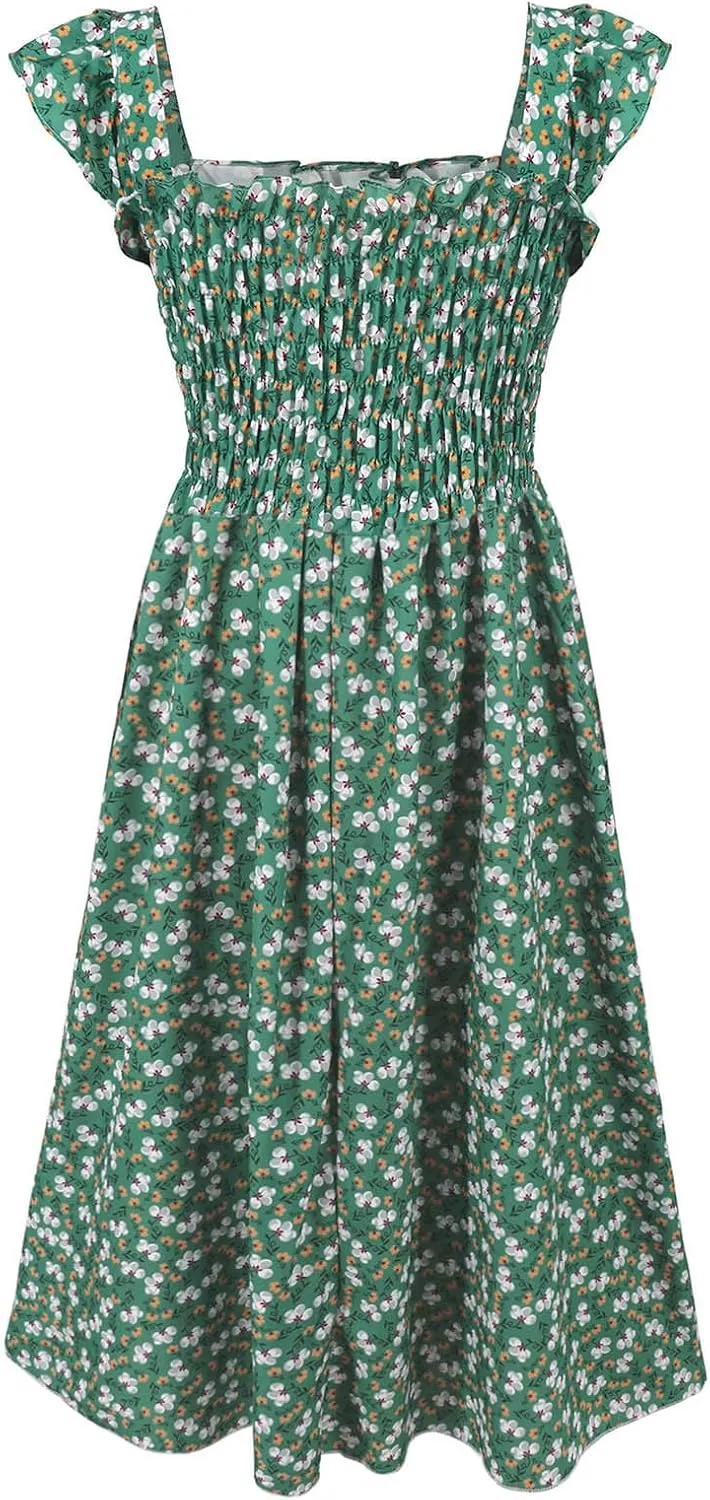 Women's Summer Beach Boho Dress Ruffle Cap Sleeve Square Neck Sun Dress Casual Beach Floral Swing Mini Dress