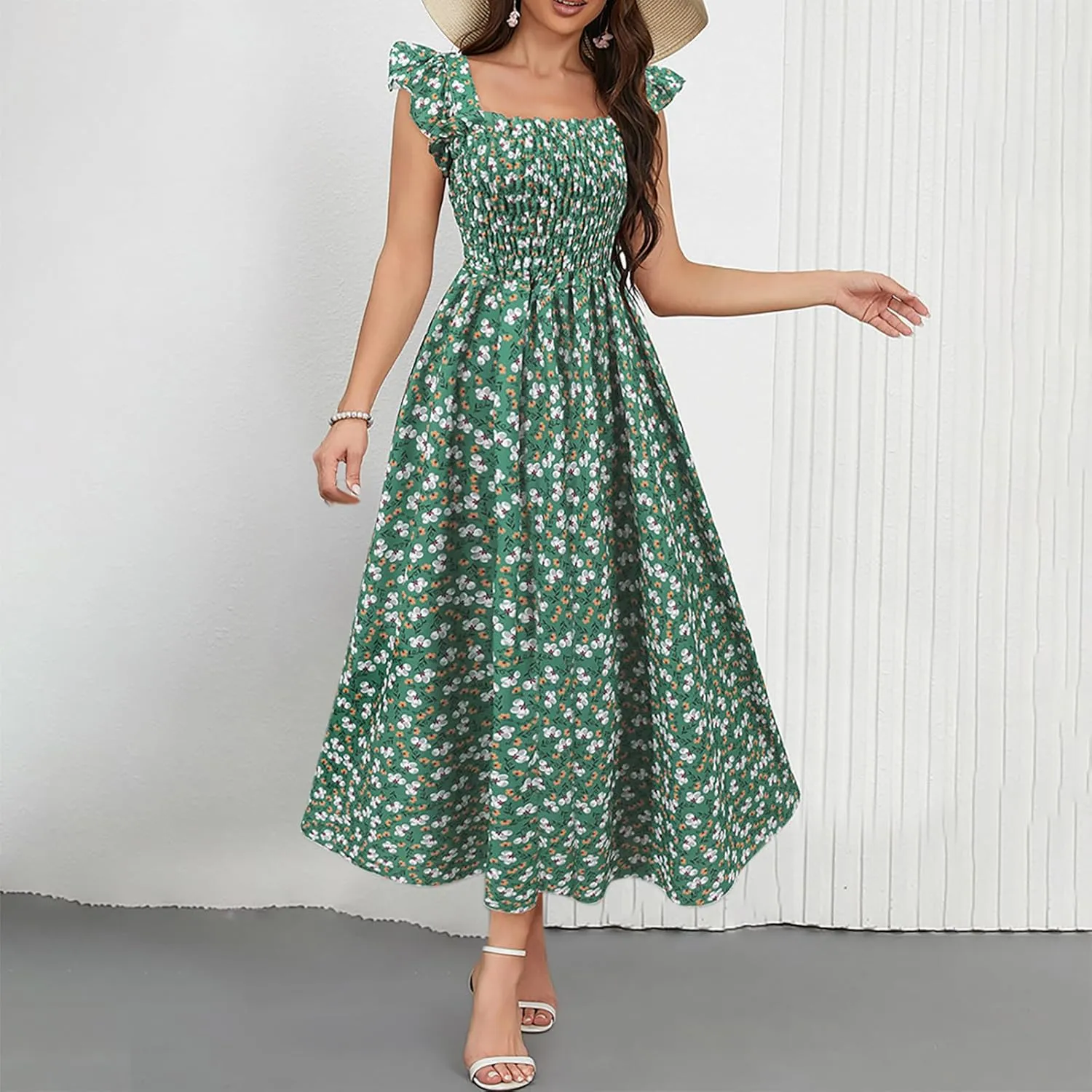 Women's Summer Beach Boho Dress Ruffle Cap Sleeve Square Neck Sun Dress Casual Beach Floral Swing Mini Dress