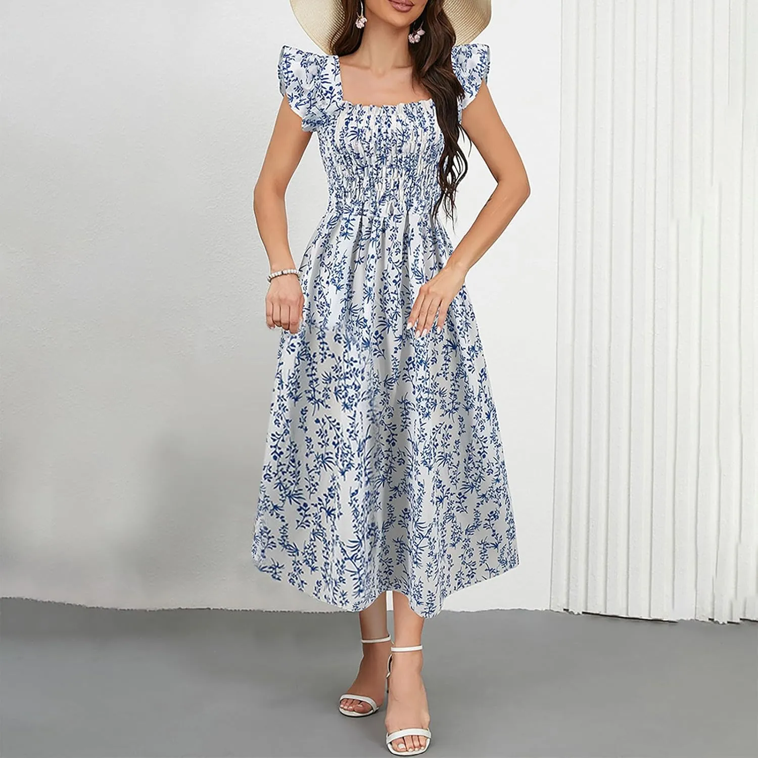 Women's Summer Beach Boho Dress Ruffle Cap Sleeve Square Neck Sun Dress Casual Beach Floral Swing Mini Dress