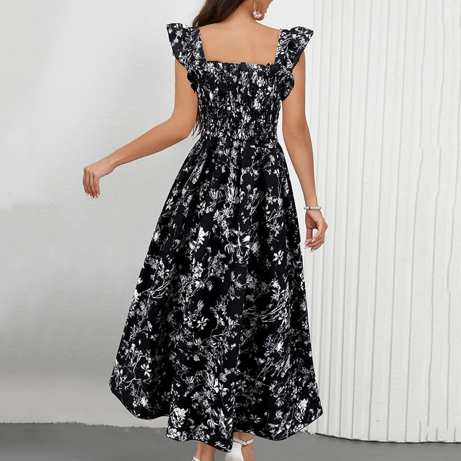 Women's Summer Beach Boho Dress Ruffle Cap Sleeve Square Neck Sun Dress Casual Beach Floral Swing Mini Dress