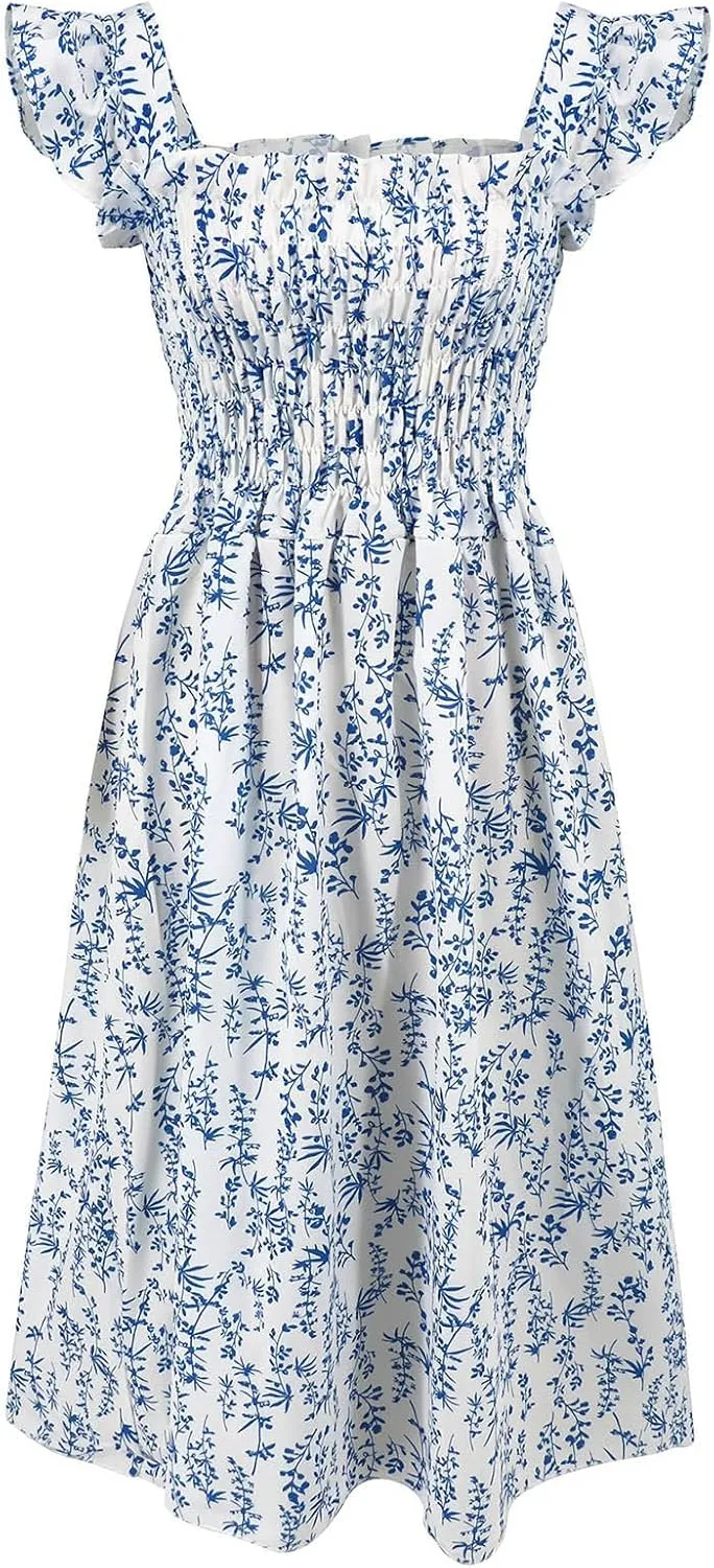 Women's Summer Beach Boho Dress Ruffle Cap Sleeve Square Neck Sun Dress Casual Beach Floral Swing Mini Dress