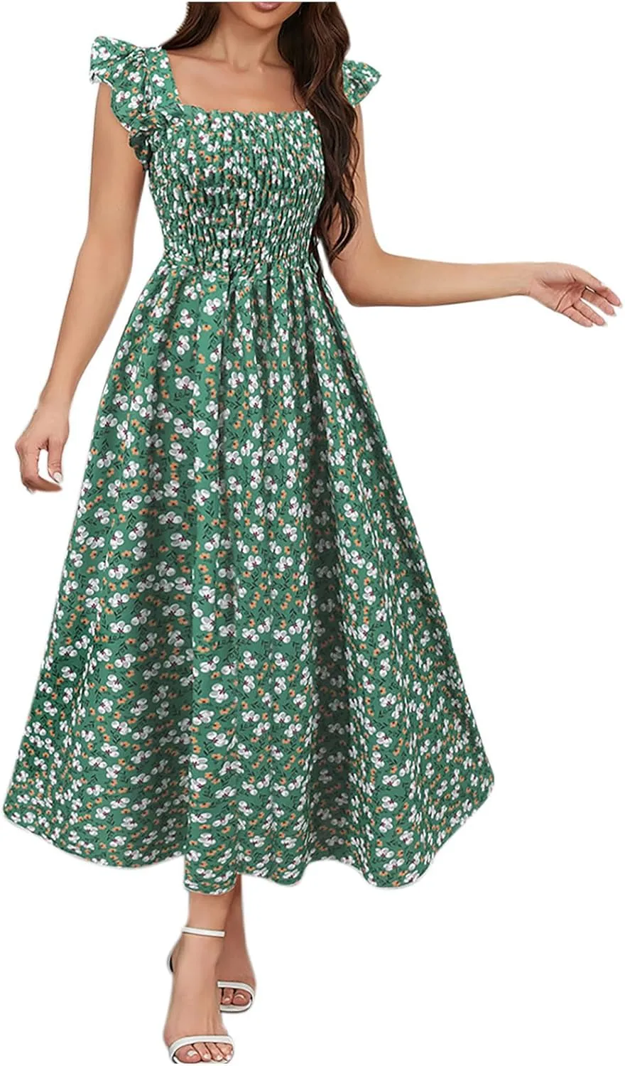 Women's Summer Beach Boho Dress Ruffle Cap Sleeve Square Neck Sun Dress Casual Beach Floral Swing Mini Dress