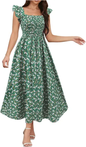 Women's Summer Beach Boho Dress Ruffle Cap Sleeve Square Neck Sun Dress Casual Beach Floral Swing Mini Dress
