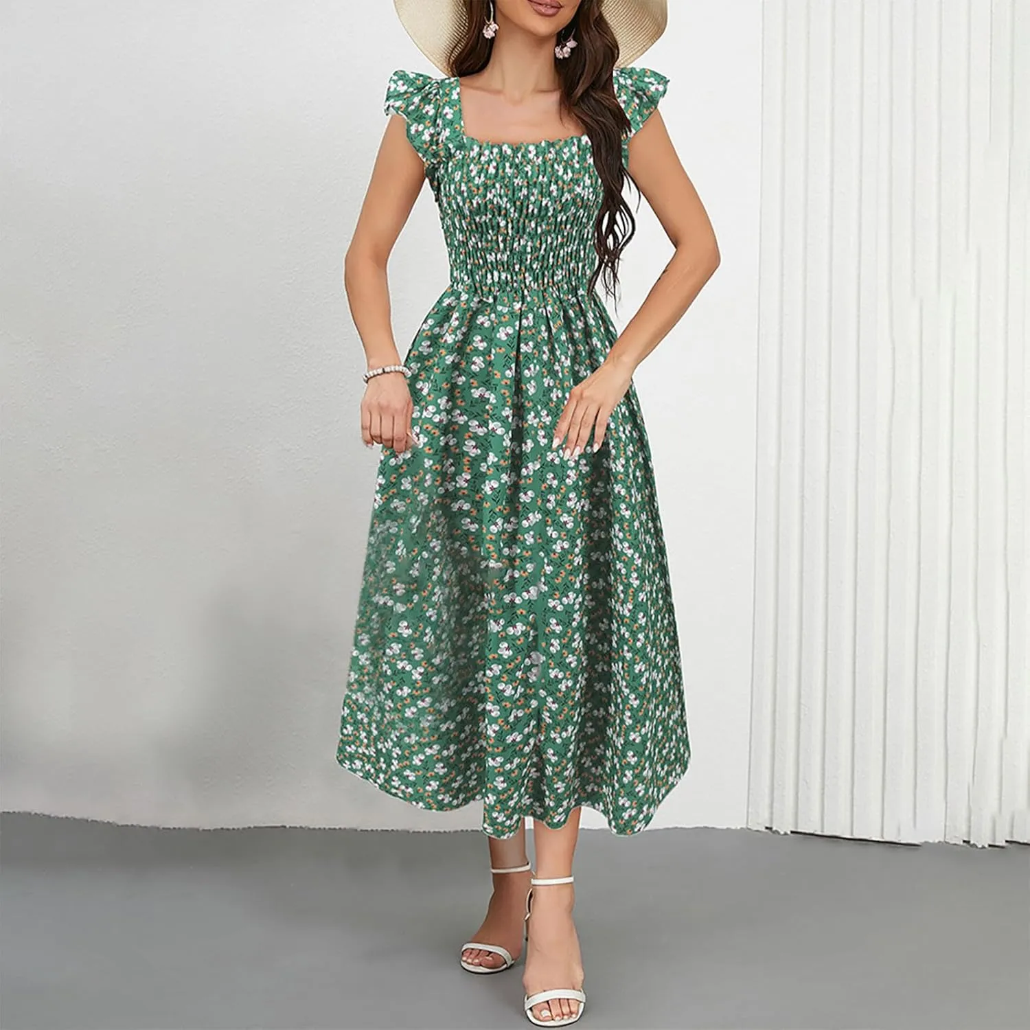 Women's Summer Beach Boho Dress Ruffle Cap Sleeve Square Neck Sun Dress Casual Beach Floral Swing Mini Dress