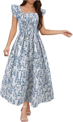 Women's Summer Beach Boho Dress Ruffle Cap Sleeve Square Neck Sun Dress Casual Beach Floral Swing Mini Dress
