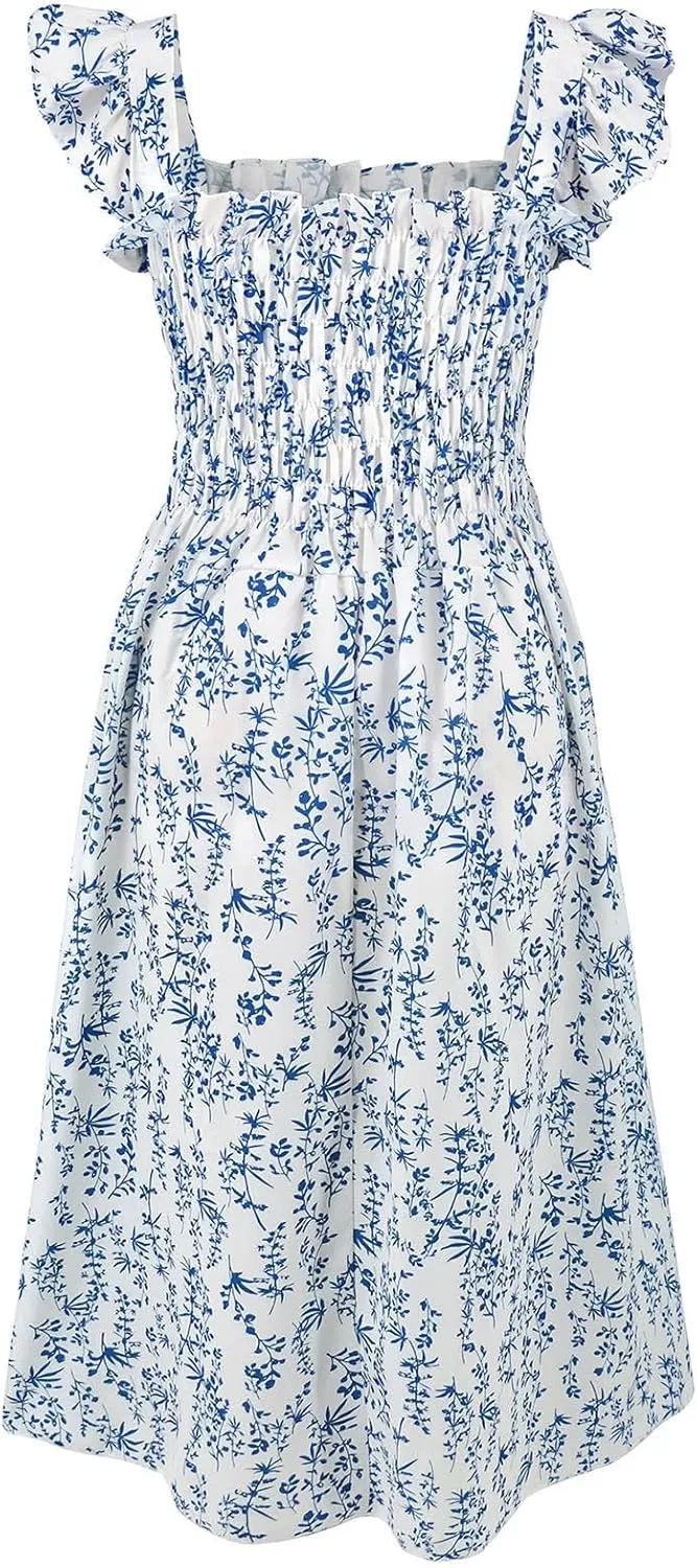 Women's Summer Beach Boho Dress Ruffle Cap Sleeve Square Neck Sun Dress Casual Beach Floral Swing Mini Dress