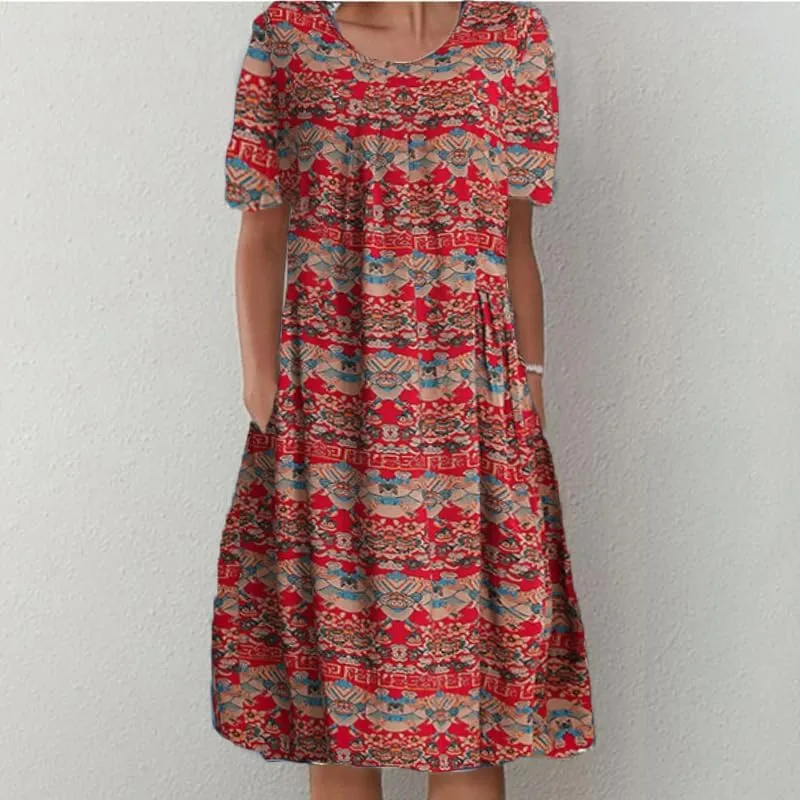 Womens Summer Boho Dress Beach Vacation Casual Loose Floral Plus Size Cotton Midi Dress with Pockets
