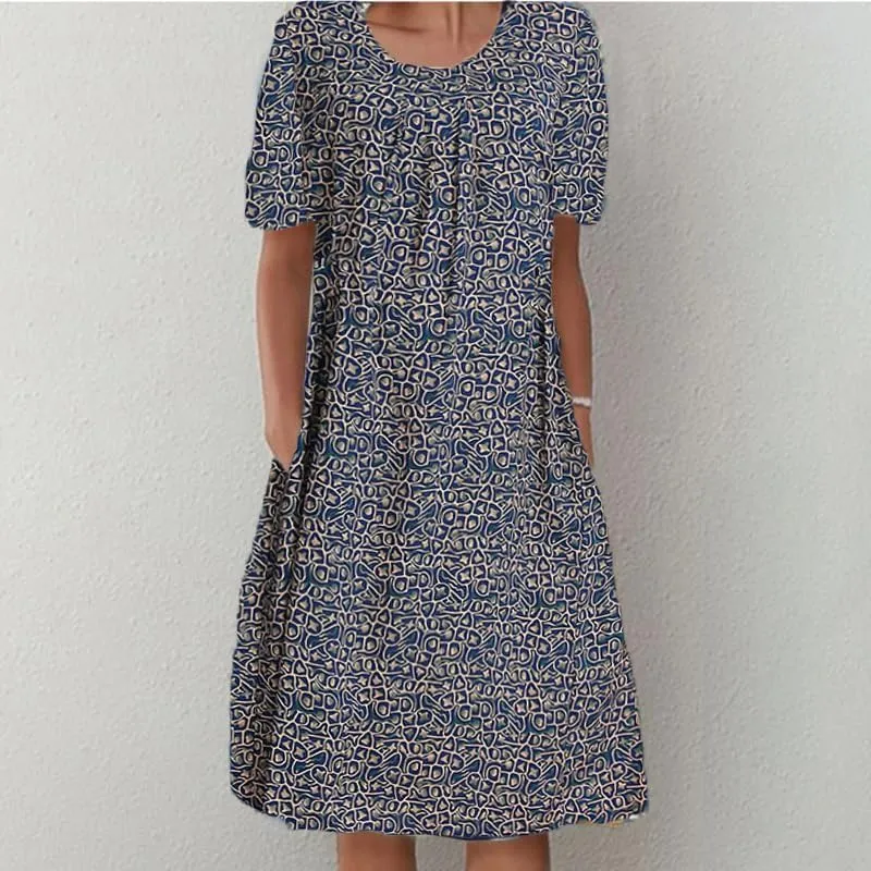 Womens Summer Boho Dress Beach Vacation Casual Loose Floral Plus Size Cotton Midi Dress with Pockets