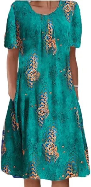 Womens Summer Boho Dress Beach Vacation Casual Loose Floral Plus Size Cotton Midi Dress with Pockets