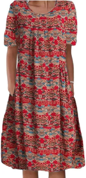 Womens Summer Boho Dress Beach Vacation Casual Loose Floral Plus Size Cotton Midi Dress with Pockets