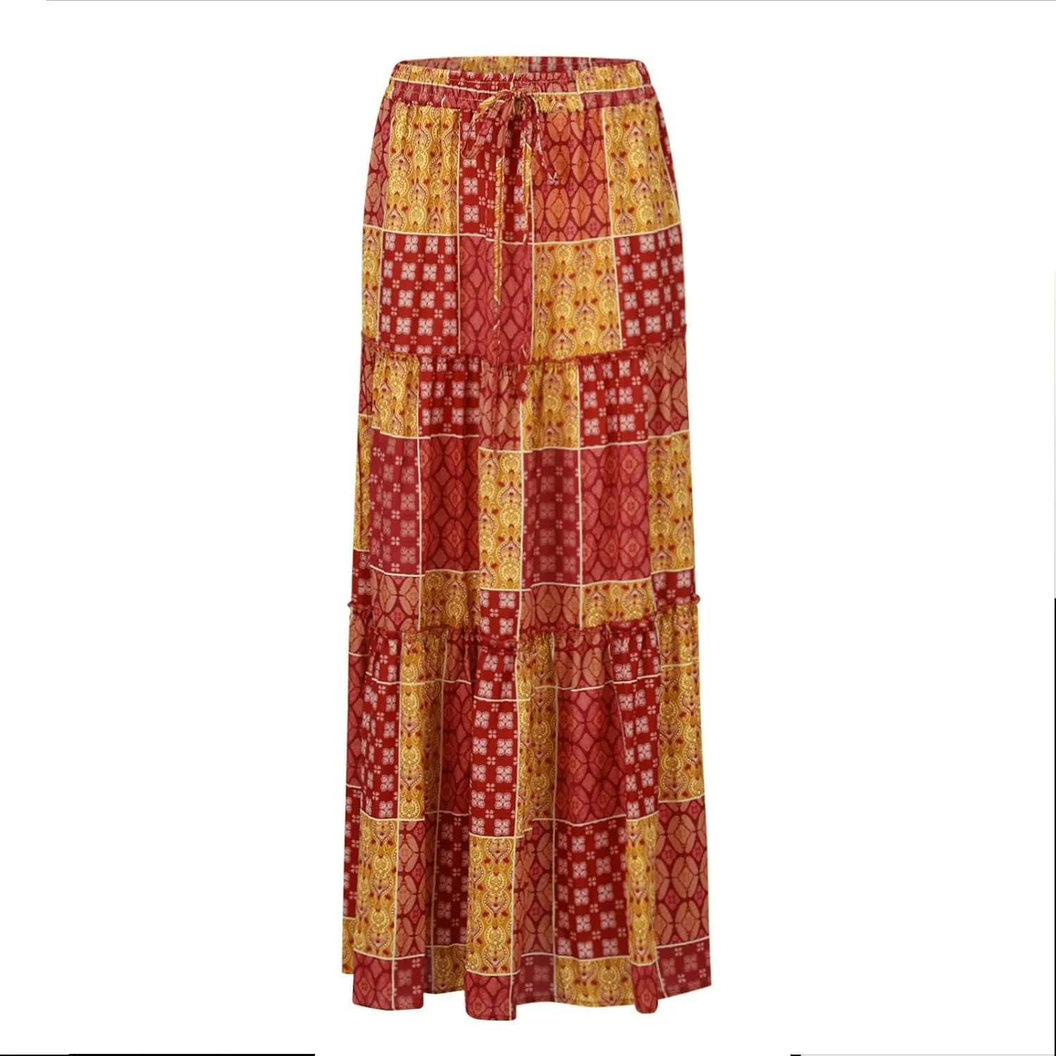 Women's Summer Casual Fashion Skirts Boho Print Elastic Waist Skirt Loose Comfortable High Waist Lace-Up Skirt
