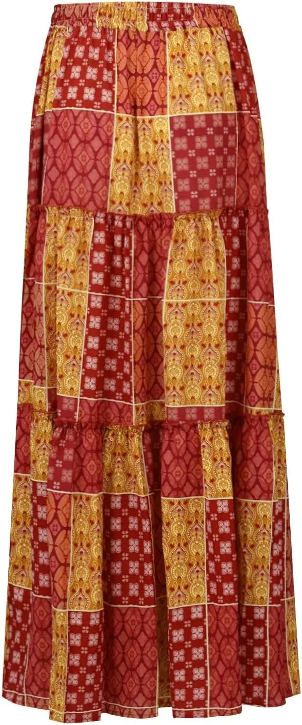 Women's Summer Casual Fashion Skirts Boho Print Elastic Waist Skirt Loose Comfortable High Waist Lace-Up Skirt