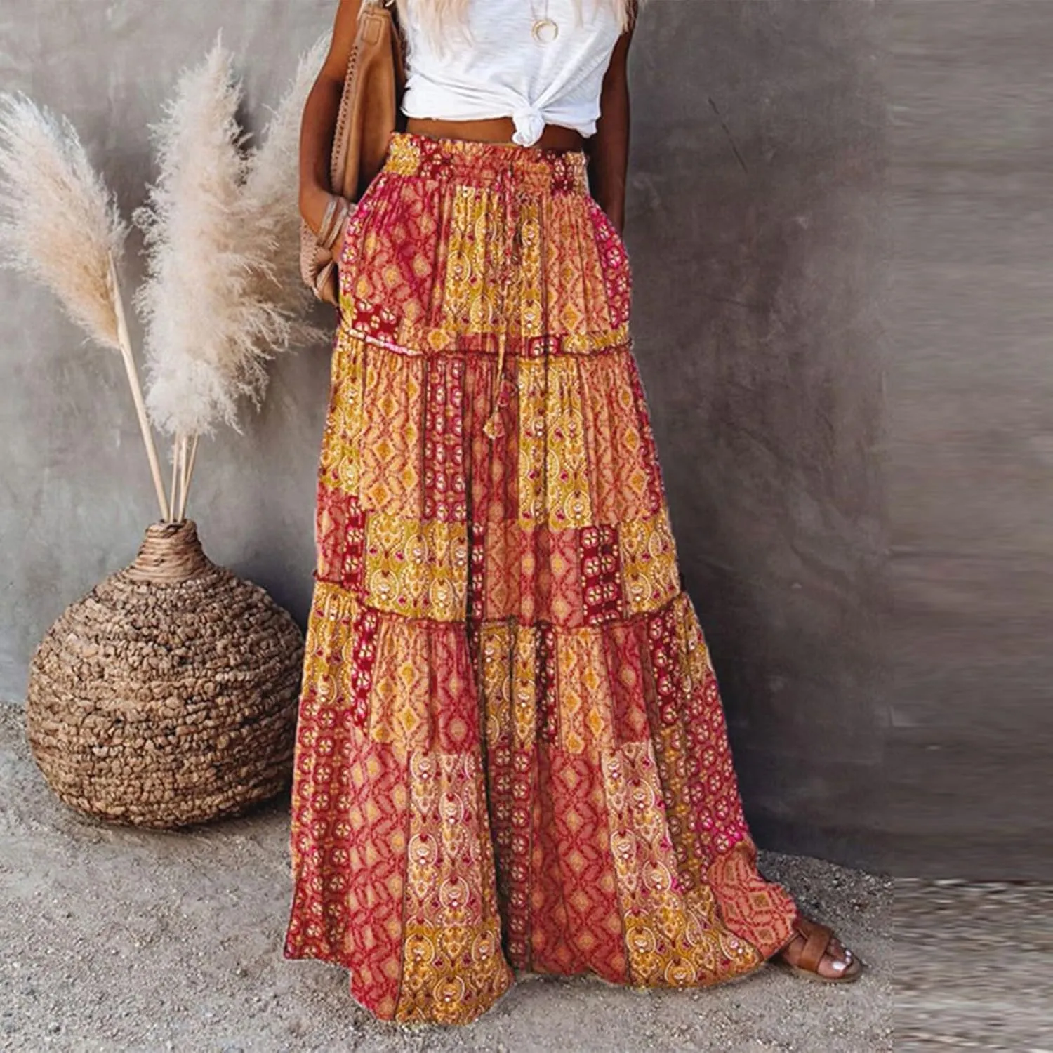 Women's Summer Casual Fashion Skirts Boho Print Elastic Waist Skirt Loose Comfortable High Waist Lace-Up Skirt