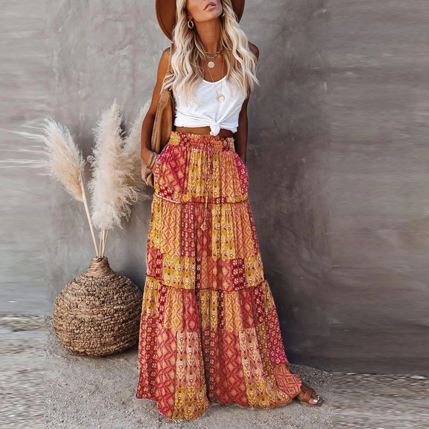 Women's Summer Casual Fashion Skirts Boho Print Elastic Waist Skirt Loose Comfortable High Waist Lace-Up Skirt