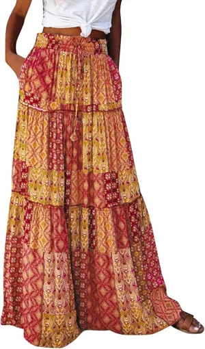 Women's Summer Casual Fashion Skirts Boho Print Elastic Waist Skirt Loose Comfortable High Waist Lace-Up Skirt
