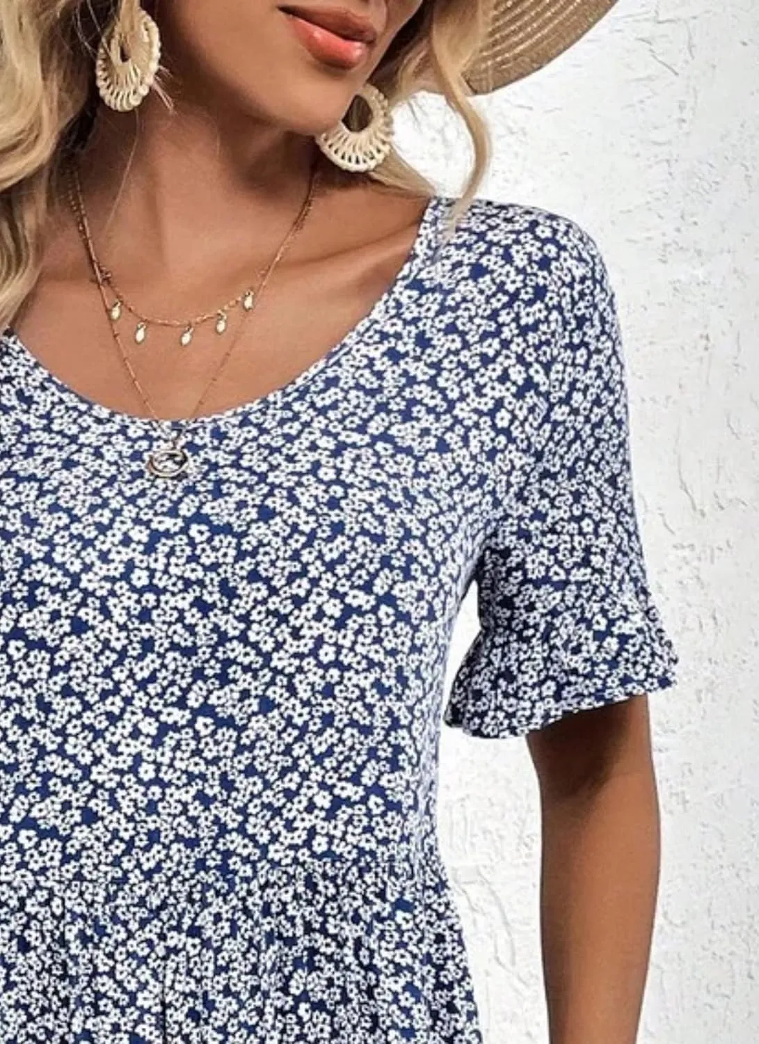 Women's Summer Dress Blue Floral Print Crew Neck Short Sleeve Loose Fit Casual Beach Party Mini Dress with Ruffle Sleeves