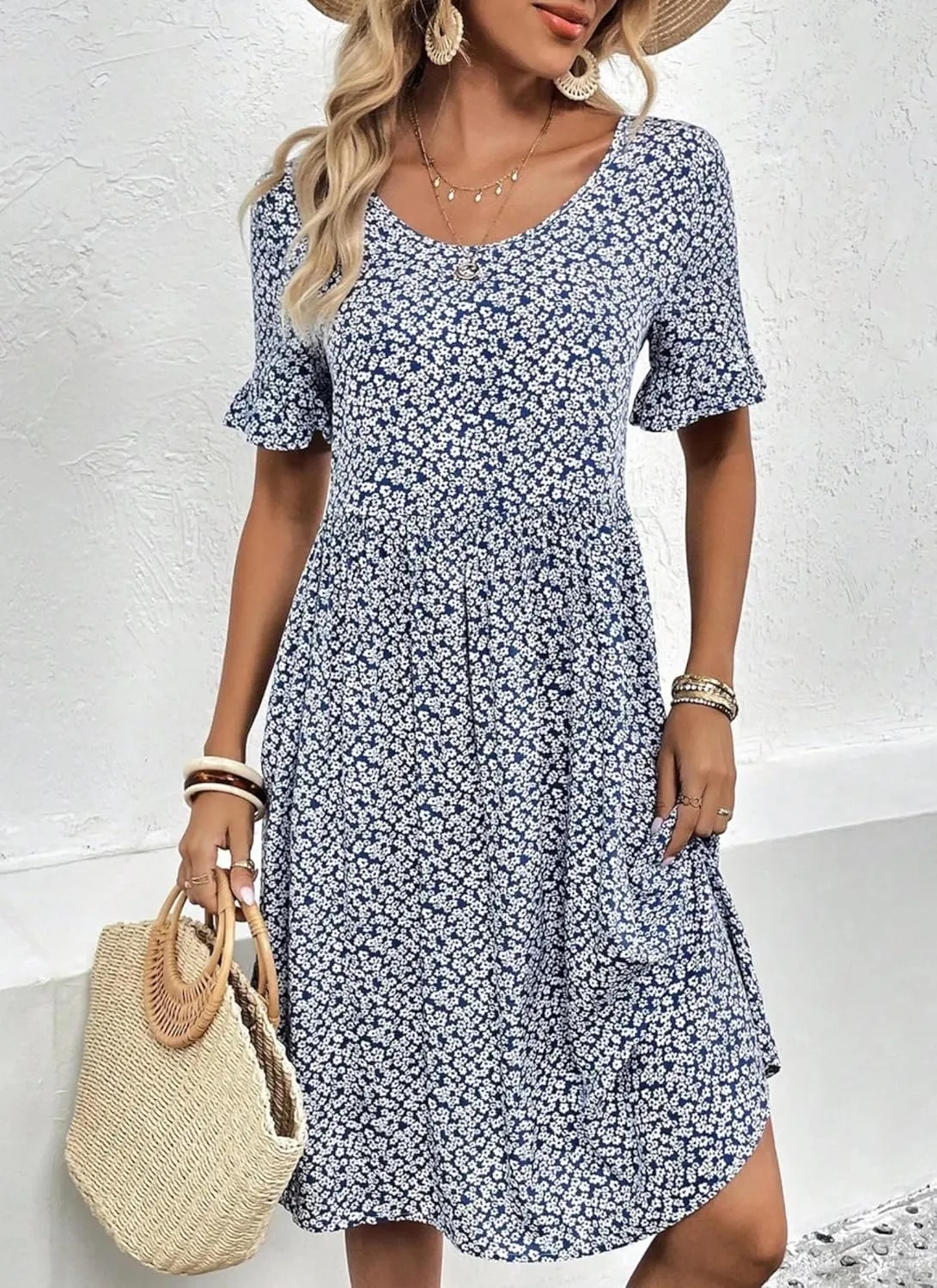 Women's Summer Dress Blue Floral Print Crew Neck Short Sleeve Loose Fit Casual Beach Party Mini Dress with Ruffle Sleeves