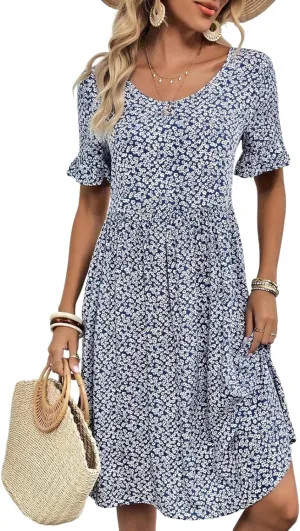 Women's Summer Dress Blue Floral Print Crew Neck Short Sleeve Loose Fit Casual Beach Party Mini Dress with Ruffle Sleeves