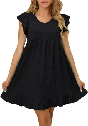 Women's Summer Dresses 2025 Cute Ruffle Cap Sleeve V-Neck Flowy Swing Mini Dress Loose Pleated Mini Babydoll Dress