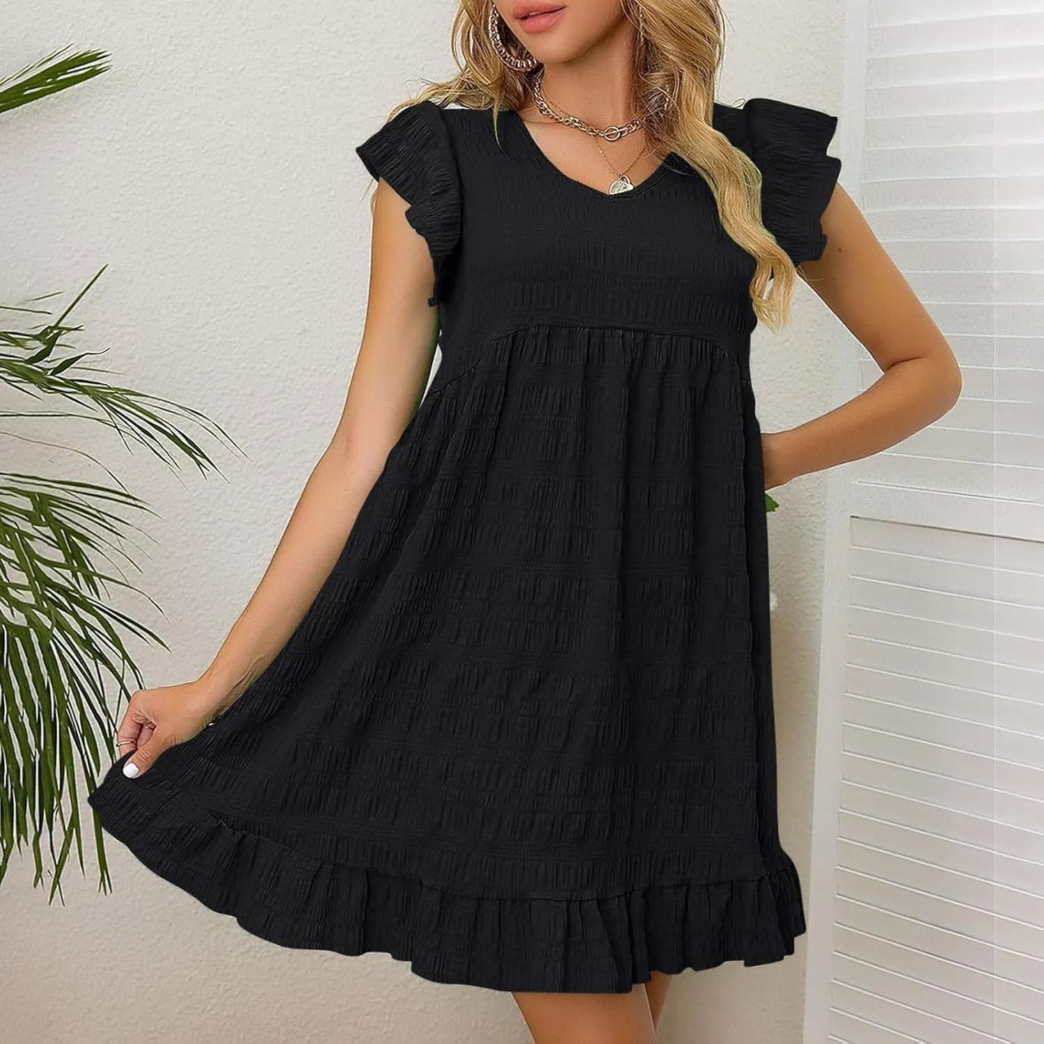 Women's Summer Dresses 2025 Cute Ruffle Cap Sleeve V-Neck Flowy Swing Mini Dress Loose Pleated Mini Babydoll Dress