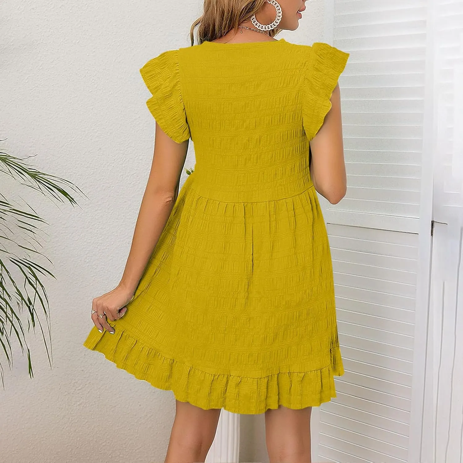 Women's Summer Dresses 2025 Cute Ruffle Cap Sleeve V-Neck Flowy Swing Mini Dress Loose Pleated Mini Babydoll Dress